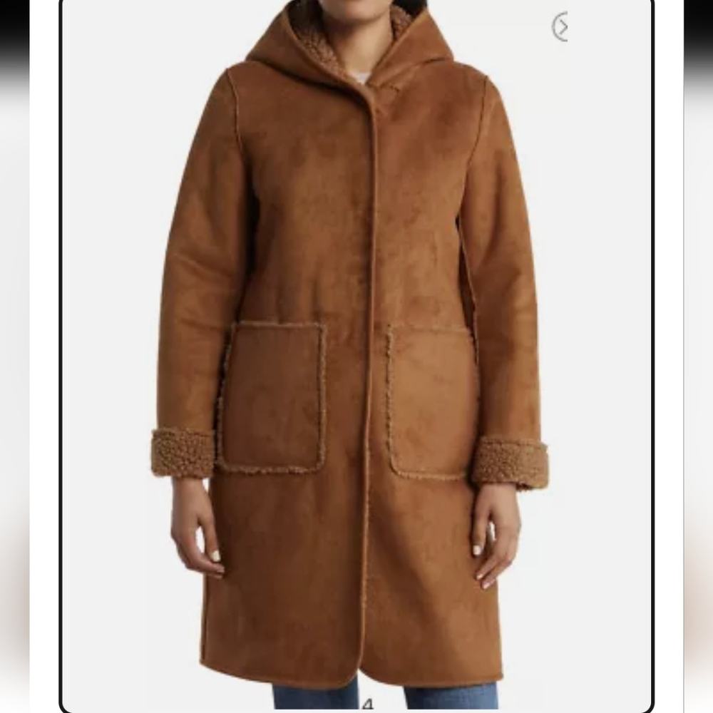 Michael Kors Faux Suede Jacket Coat Faux Fur Hooded Cappuccino Brown,size S